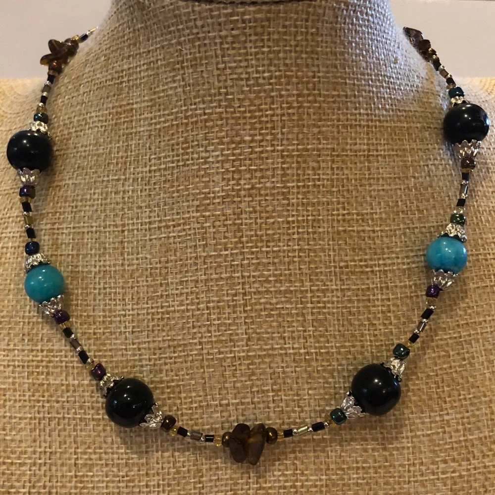 NWT Calypso Studios Necklace Handmade art glass black & teal w/ tigers eye chips - Picture 1 of 8